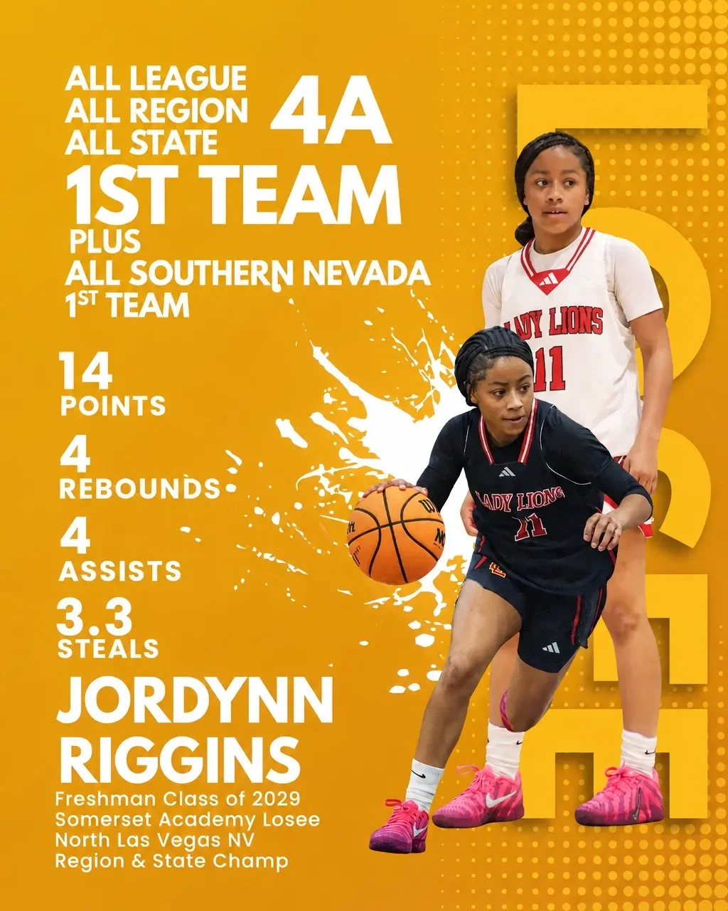 Jordynn Riggins achievement graphic featuring All League, All Region, All State first-team honors and a 2026 state championship