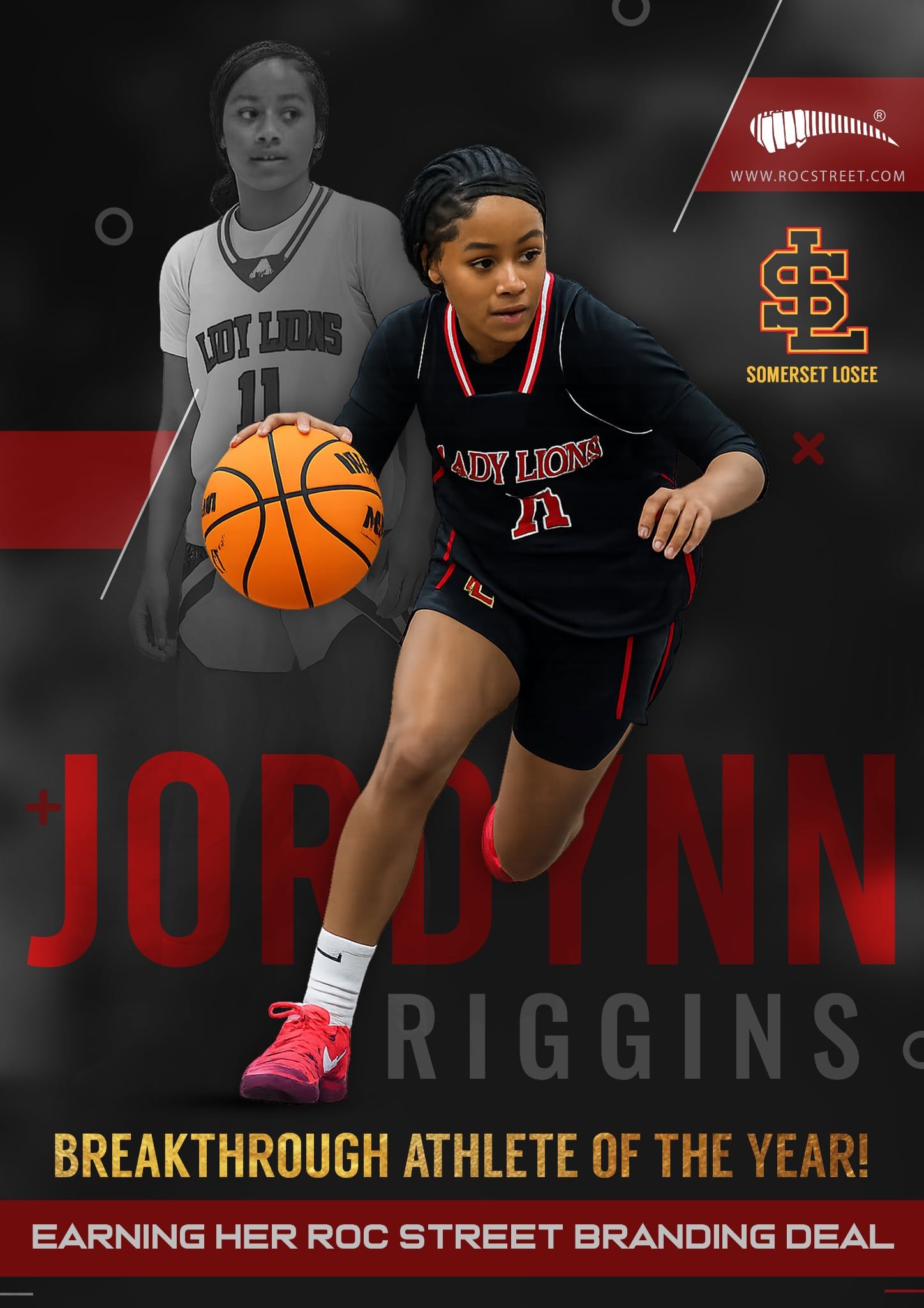 Jordynn Riggins action graphic showing her driving with a basketball alongside her basketball career branding