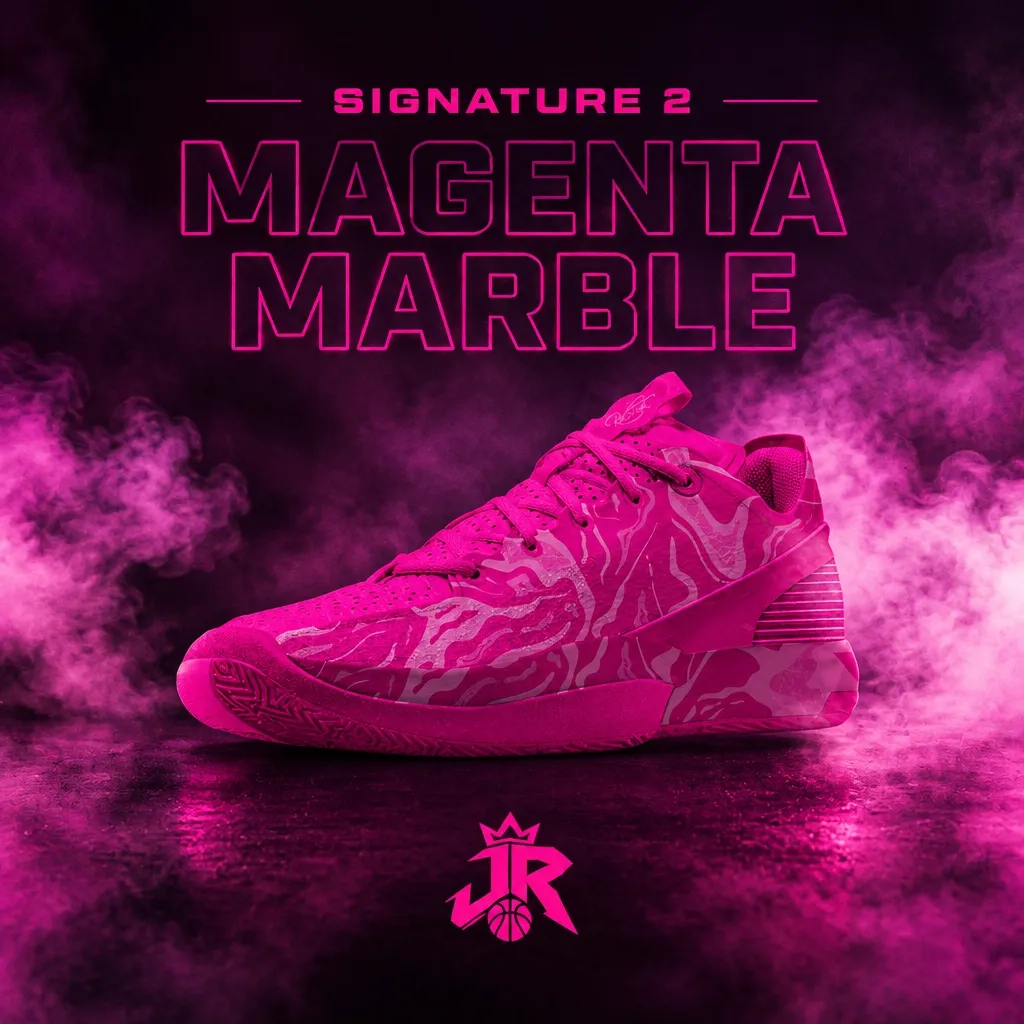 Magenta custom basketball shoe on a smoky studio floor with Signature 2 Magenta Marble lettering and Jordynn Riggins logo
